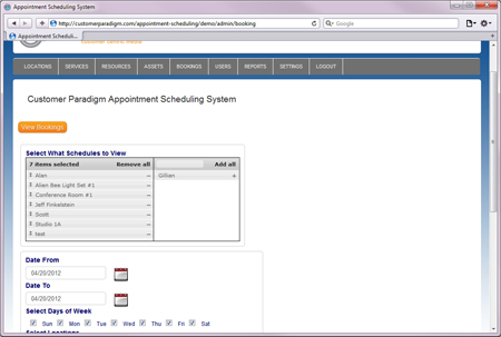 Admin View - View Appointment Bookings Interface