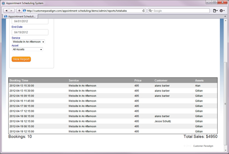 Sales Reporting for Specific Service (Admin View in Online Appointment Scheduling Software)