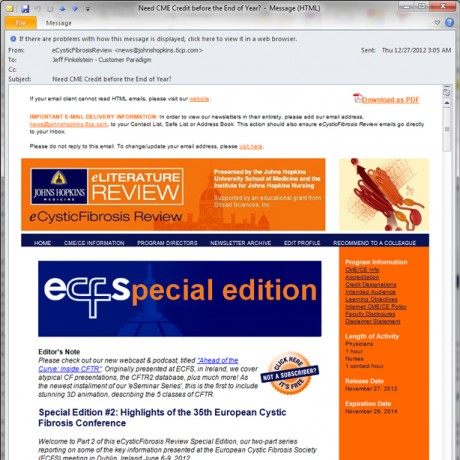 Johns Hopkins University – eCystic Fibrosis – HTML Email