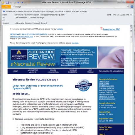 Johns Hopkins University – eNeonatal Review – HTML Email Campaigns
