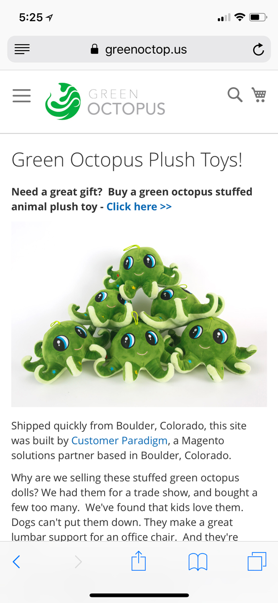 mobile homepage selling green octopus plush toys
