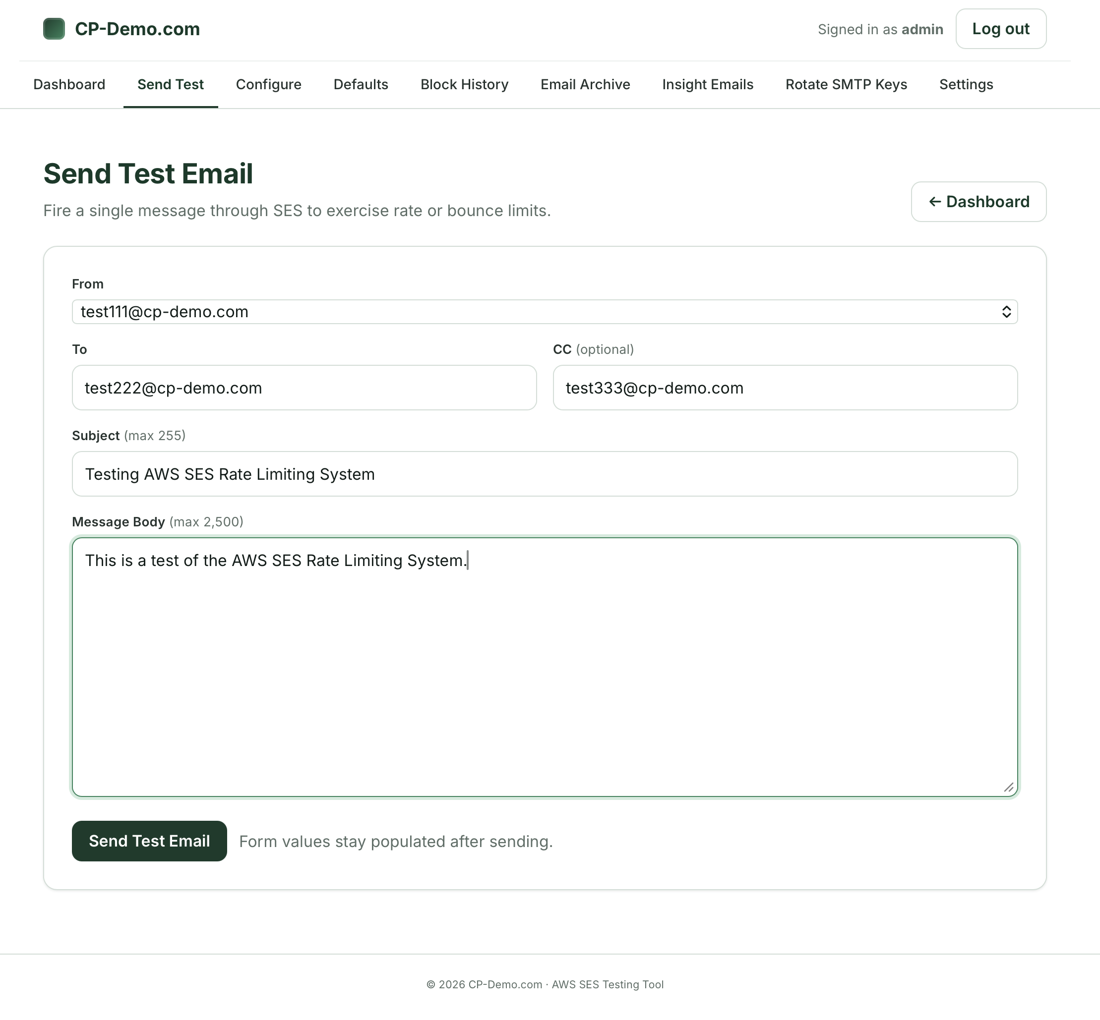 Send test email via AWS SES rate limiting