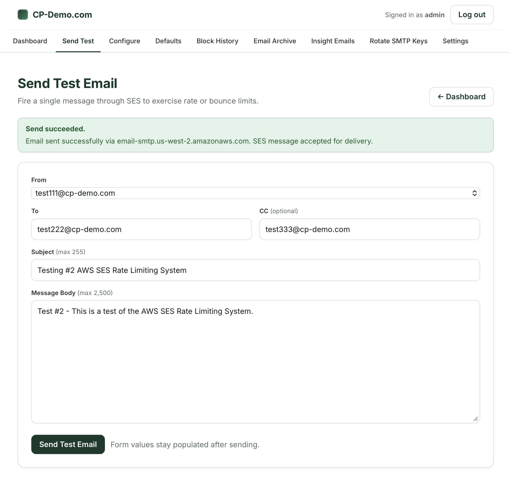 Send second third and fourth test emails via SES - Success