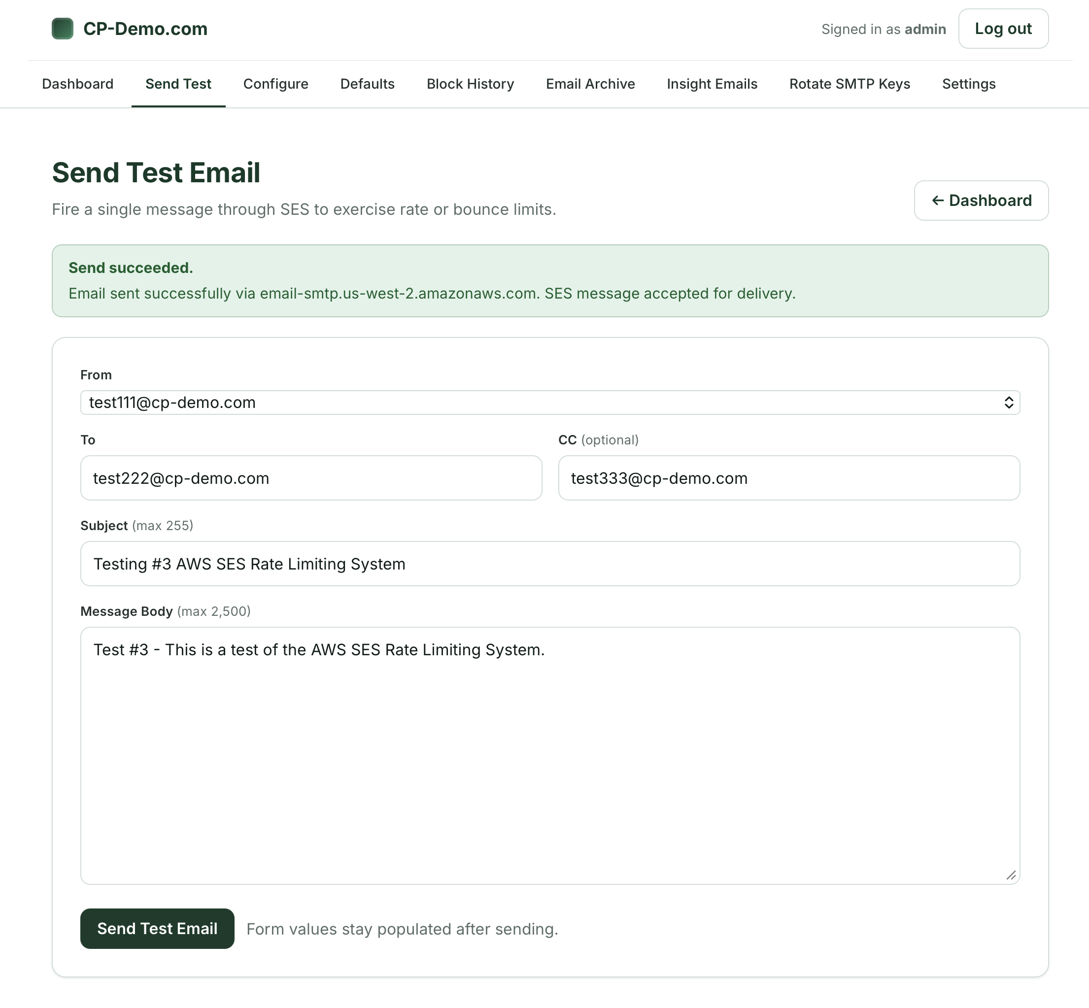 Send third test email via SES - Success