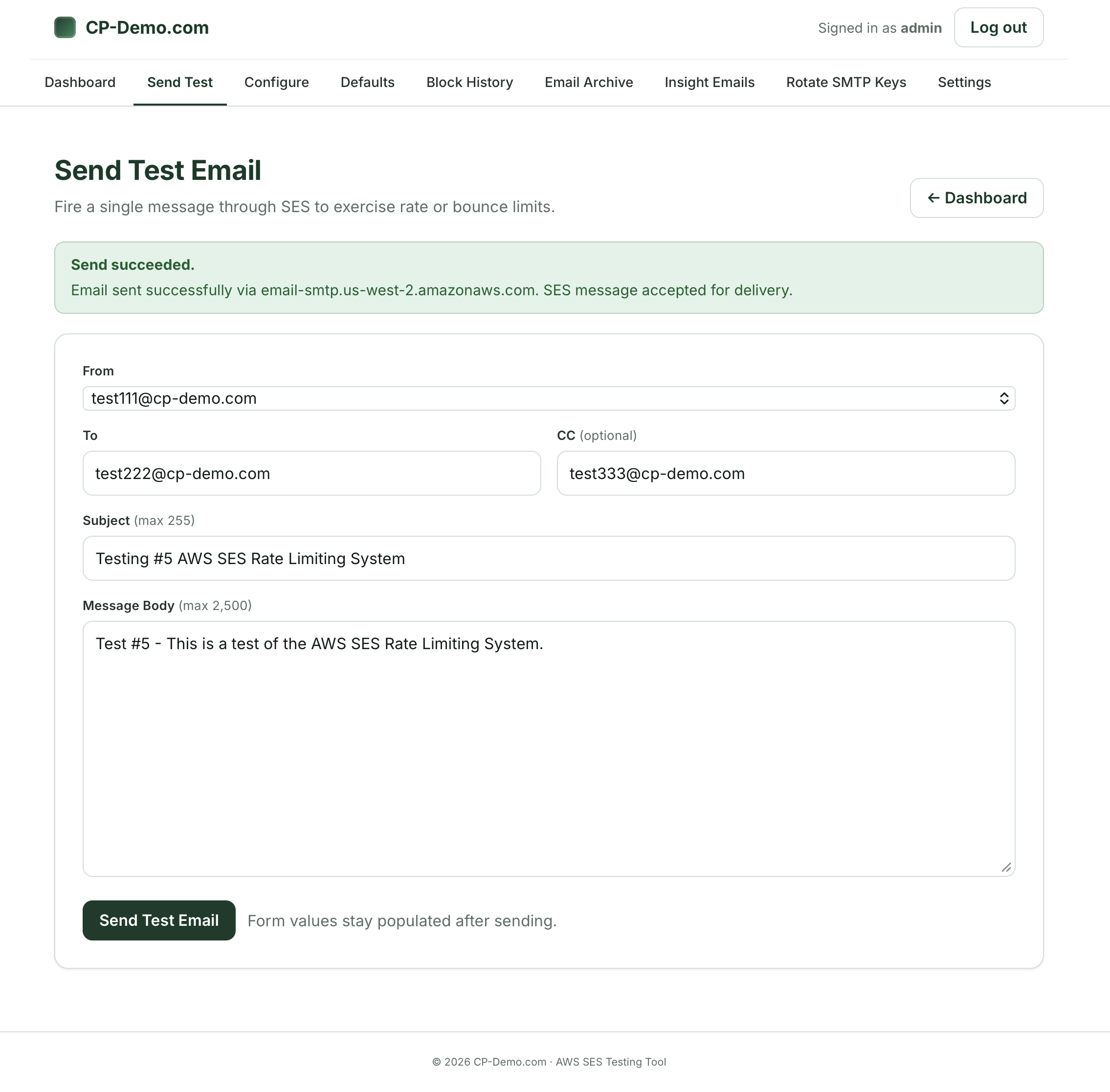 Send fifth test email via SES - Success