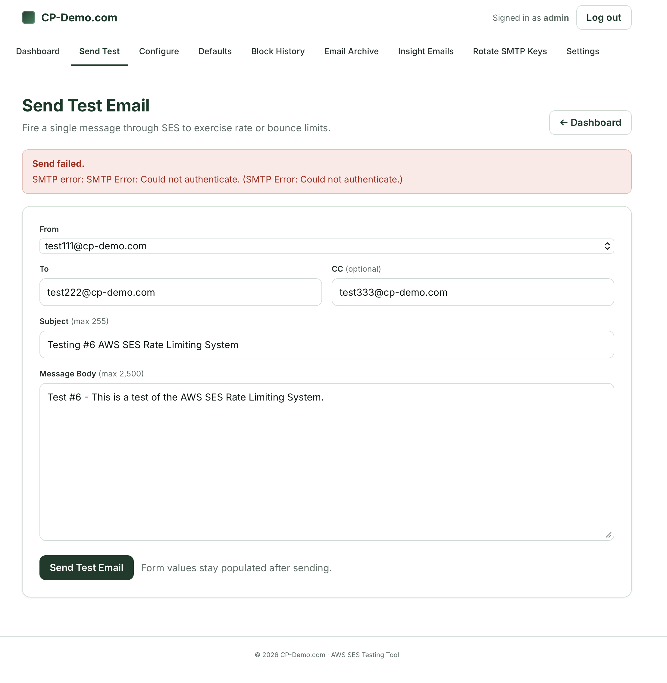 Send test email via SES - SMTP error: Could Not authenticate