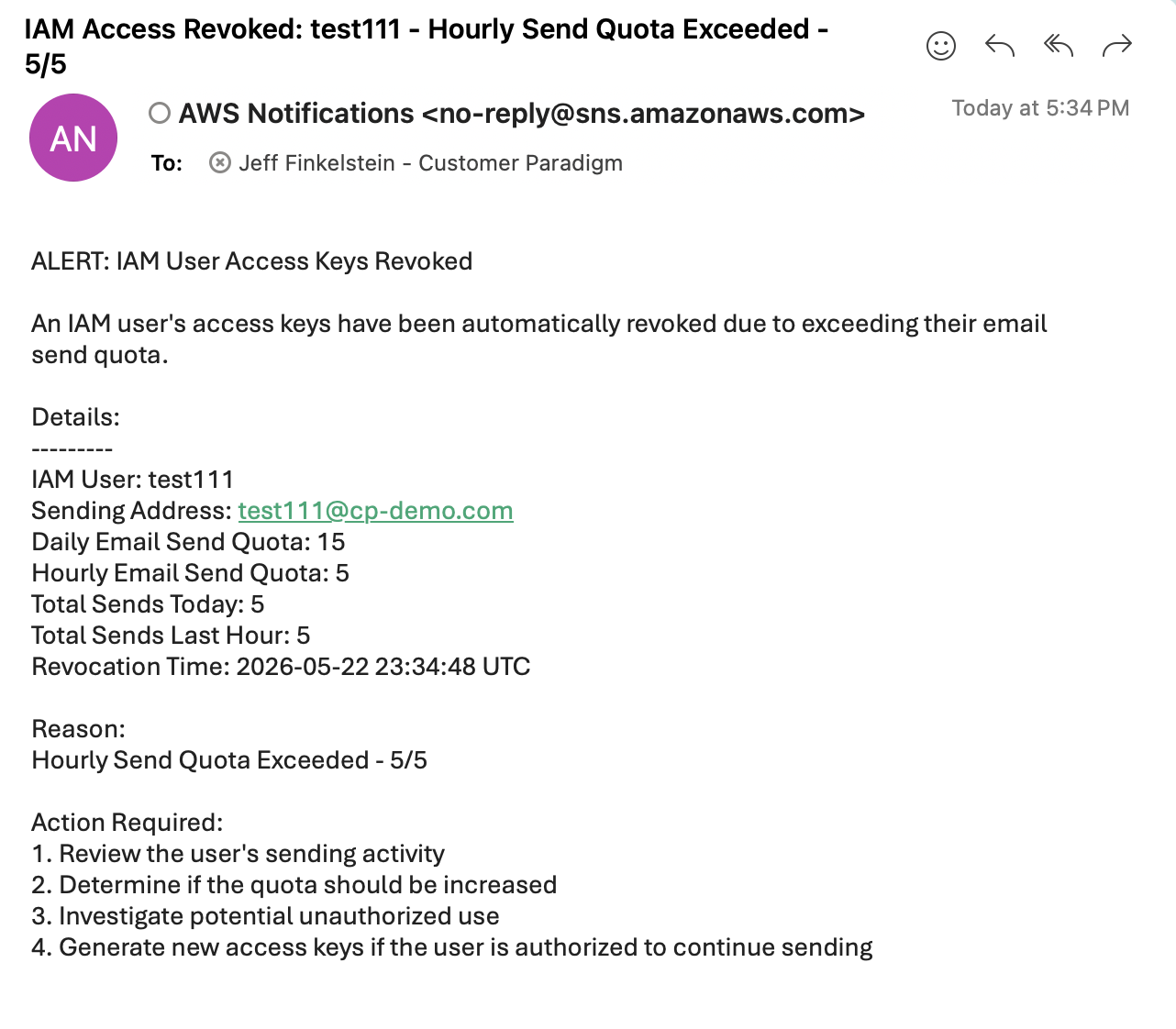 Here's the email alert I received from AWS, letting me know that the system pulled the keys and revoked access: