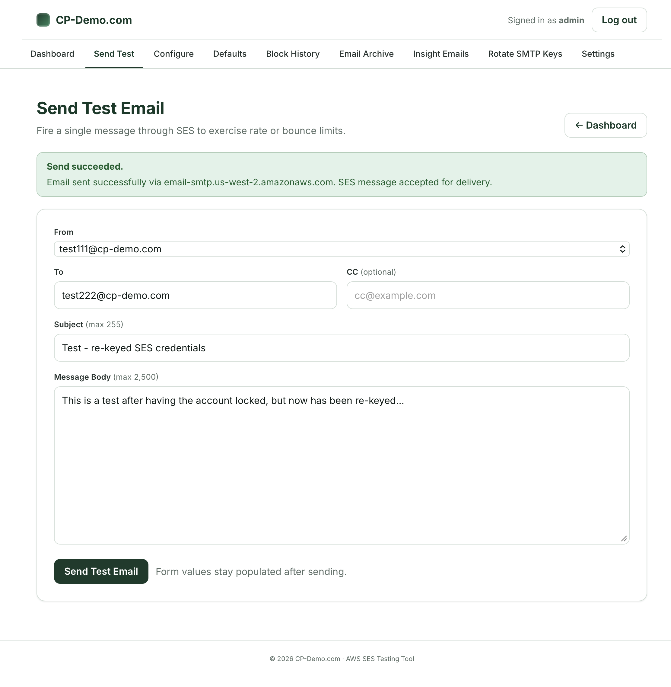 Success: Send Test after Rotating SMTP Keys for IAM user in AWS SES