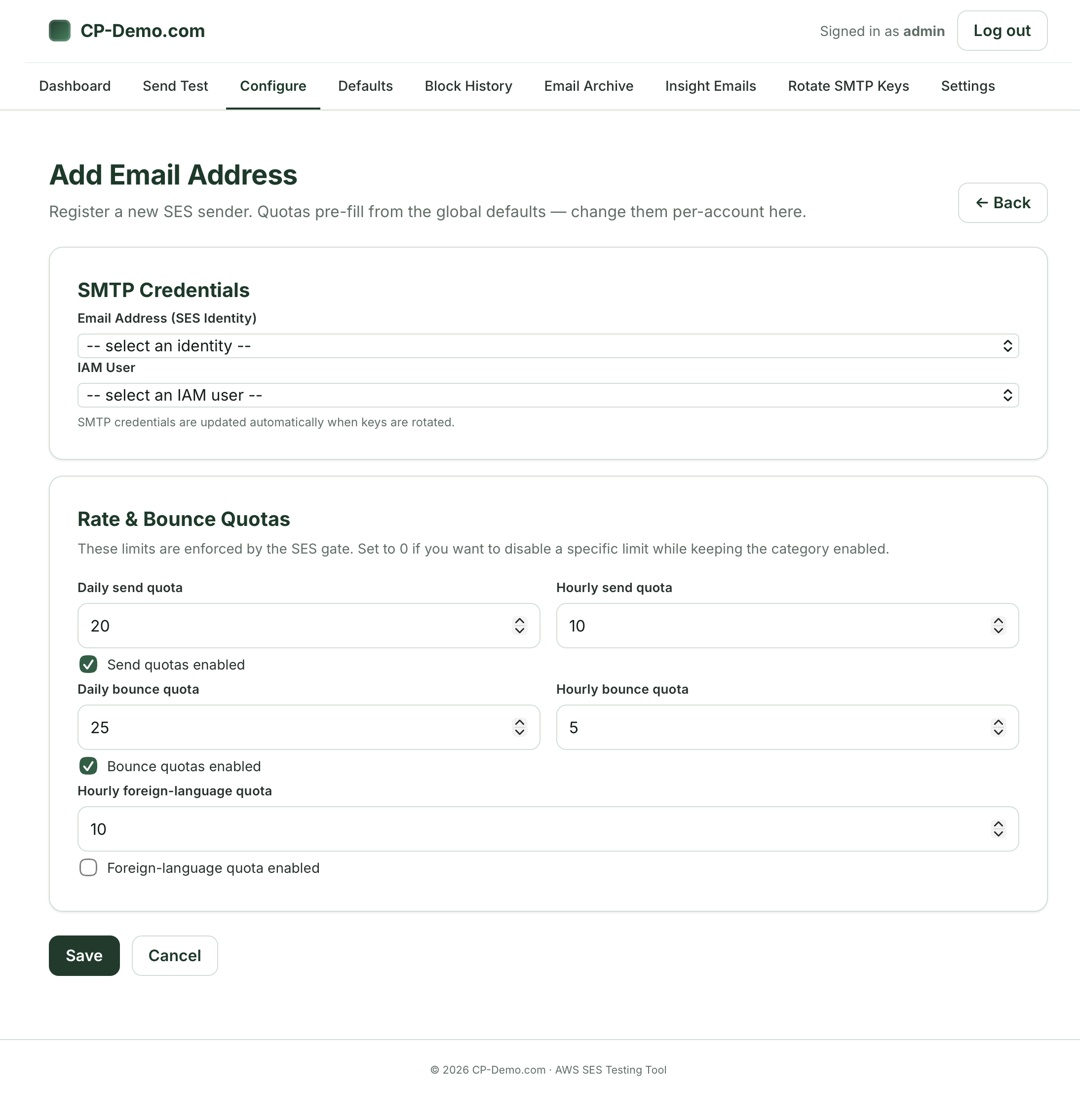 Add Email Address - Set up Limits for AWS SES