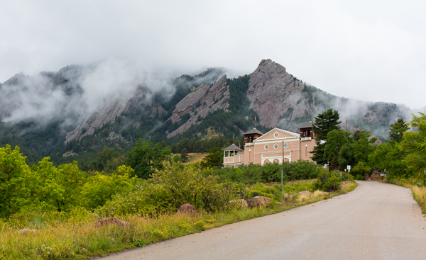 Chautauqua's Dining Hall, from the new entrance to the park. This was taken Friday morning, after the weather broke (for a while) and the flood waters subsided.