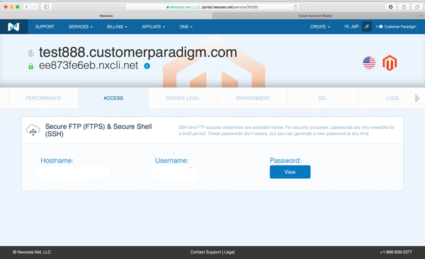 Secure Shell (SSH) and Secure FTP access screen for Nexcess cloud hosting account.
