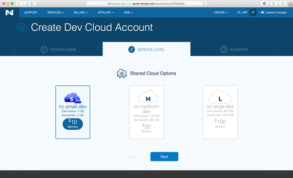 Choose size for Dev version of Nexcess cloud hosting account.