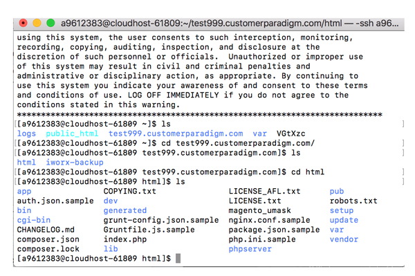 SSH session - showing Magento 2.2.4 file tree from auto-install.