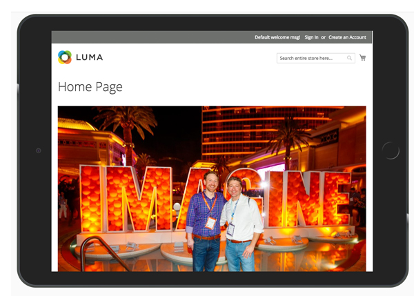 Luma responsive theme on the iPad- with image added to the CMS page.