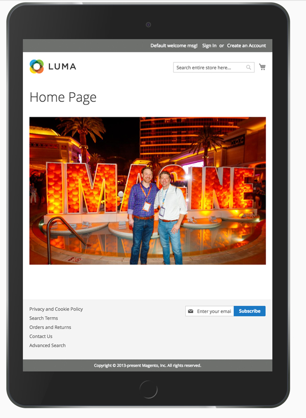 Luma responsive theme on the iPad- with image added to the CMS page.