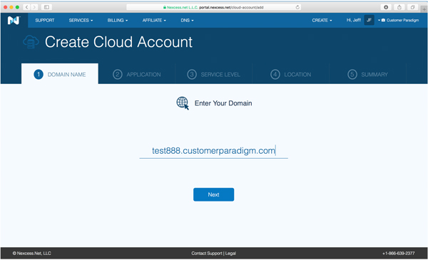 Enter a domain name for the nexcess cloud hosting account setup.