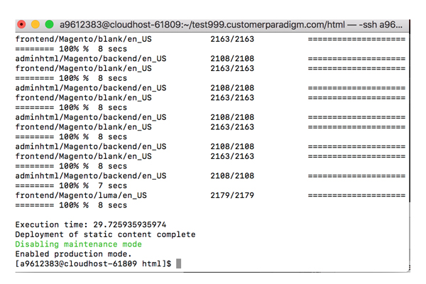 Production mode - static content deployment complete - Magento 2.2.4 on Nexcess cloud server.