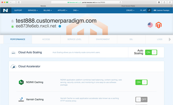 Performance tab - set auto scaling and caching for the Nexcess cloud hosting account system.
