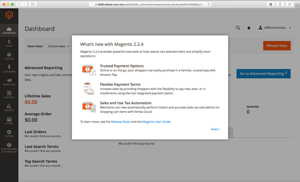 Logging into the Magento 2.2.4 admin area