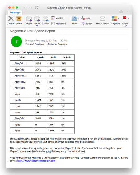 Disk Space - Magento 2 Report - Email