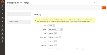 Disk Space Magento 2 Extension - Cron Settings Screenshot