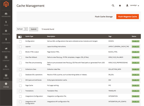 Magento 2.0 - Caching System Options - Screenshot