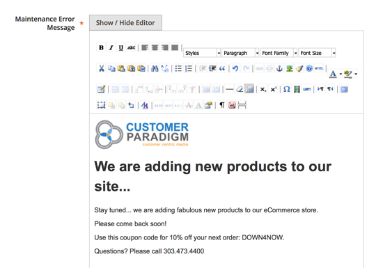 A better WYSIWYG view of the updated maintenance mode page.