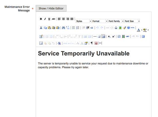 Using a WYSIWYG editor for creating a custom maintenance mode page in Magento 2.0