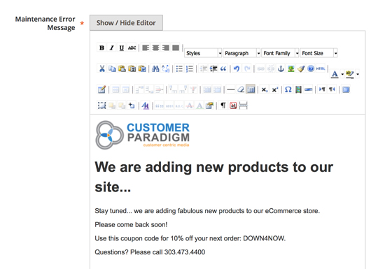 A better WYSIWYG view of the updated maintenance mode page.