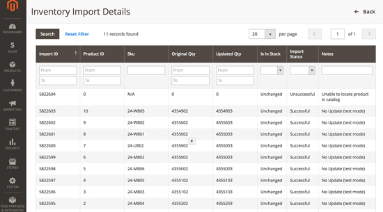 Inventory Import Details - Test Mode - Log Results - Click for larger screenshot >>