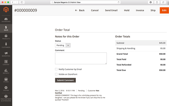 Magento 2.0 Admin view of checkout order comments.