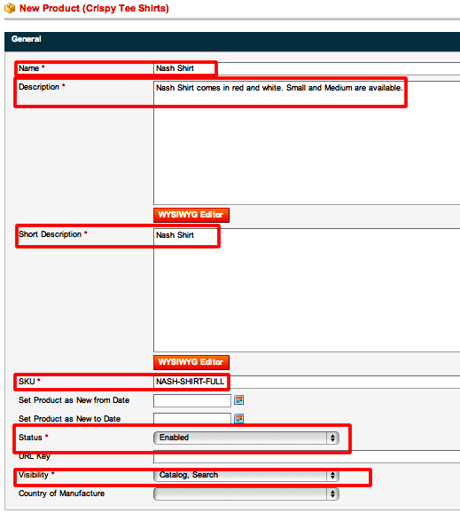 Magento Screenshot - set new product general infomation, including name, description SKU and status