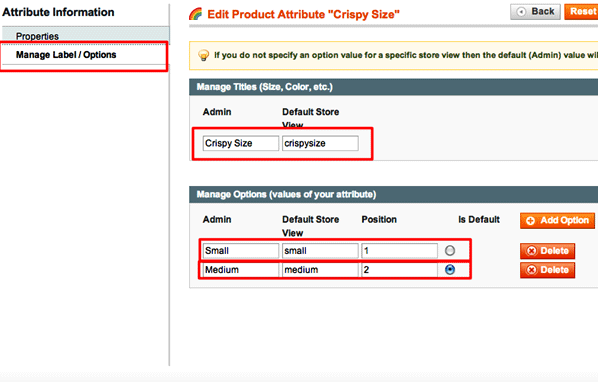 Magento - Edit Product Attribute - Default Size - Manage Options