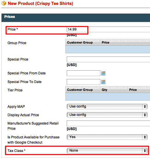Prices section screenshot for Magento admin to add new product with prices