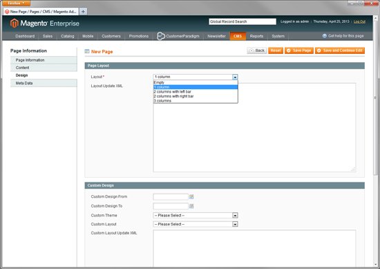 Magento Enterprise - Create Multiple Custom Landing Pages - Step 3 - Page Layout