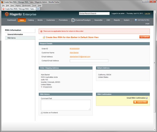 Create New RMA - Return Merchandise Authorization in Magento Enterprise