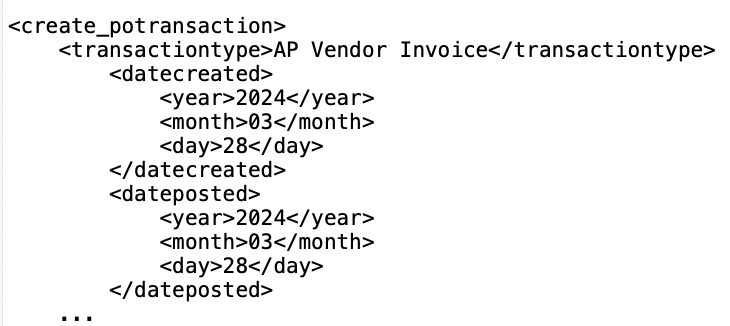 Create PO Transaction in Sage Intacct via XML - top header