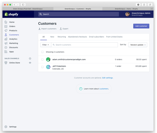 Shopify Admin - Customers Tab