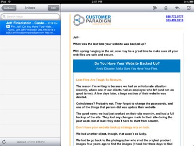 iPad email inbox screenshot