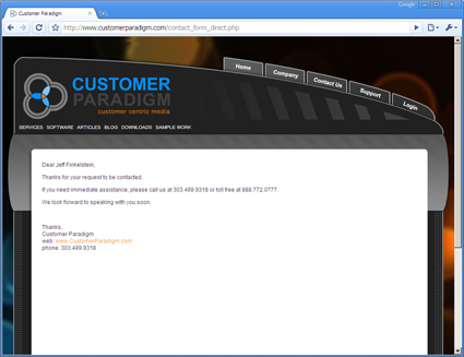 Contact form confirmation response for customer paradigm