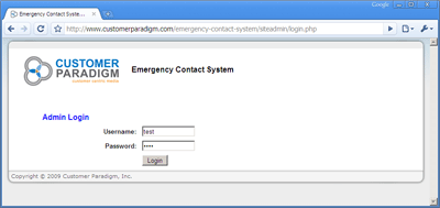 Customer Paradigm Emergency Login Emergency Contact System - Admin Login