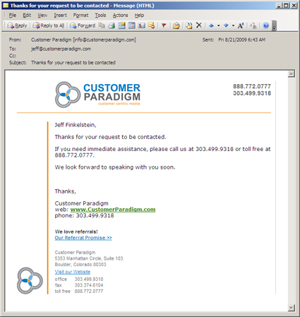 confirmation email customer paradigm confirmation email