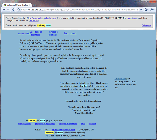 Professional organizer in Boulder Colorado -Google Cache view of Alchemy of Order site