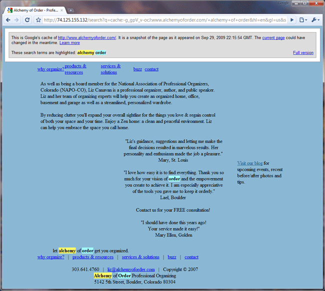 Professional organizer in Boulder Colorado - Google Cache view of Alchemy of Order site Professional organizer in Boulder Colorado -Google Cache view of Alchemy of Order site