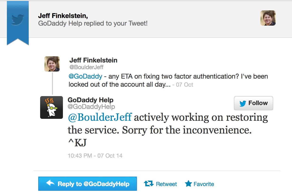godaddy-reply-outage1 Godaddy's Support Tweeted About Outage