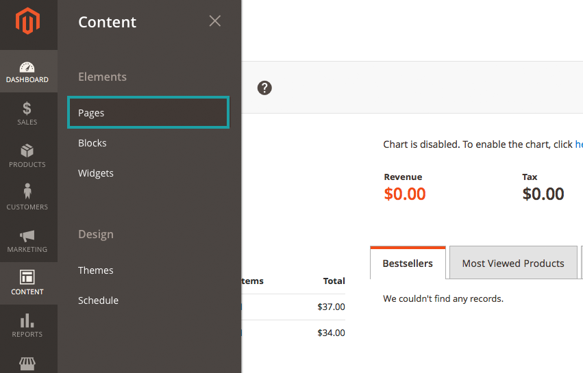 Step Two, under "CONTENT" choose "Pages"
