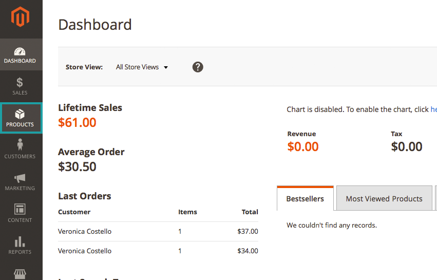 Step One Choose "PRODUCTS" from Dashboard
