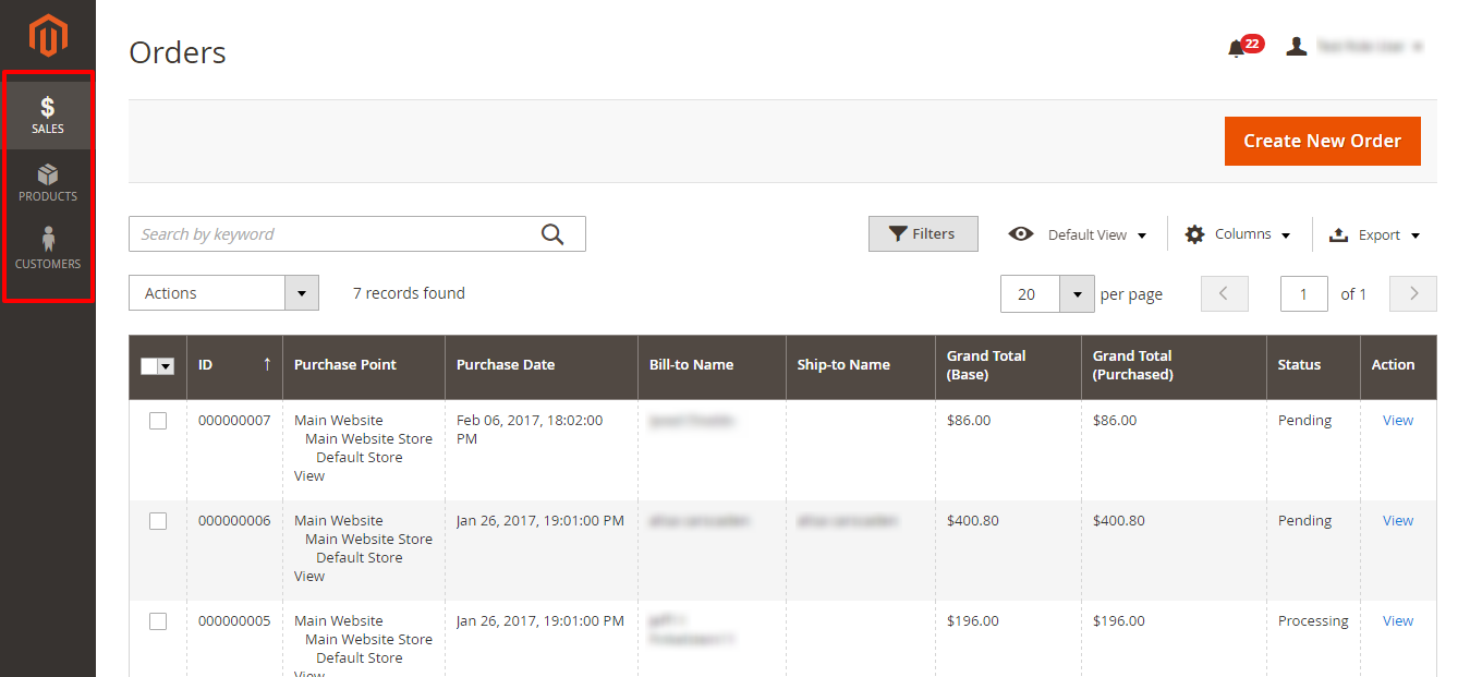 After logging in as our new Customer Service role we see the simplified user menu