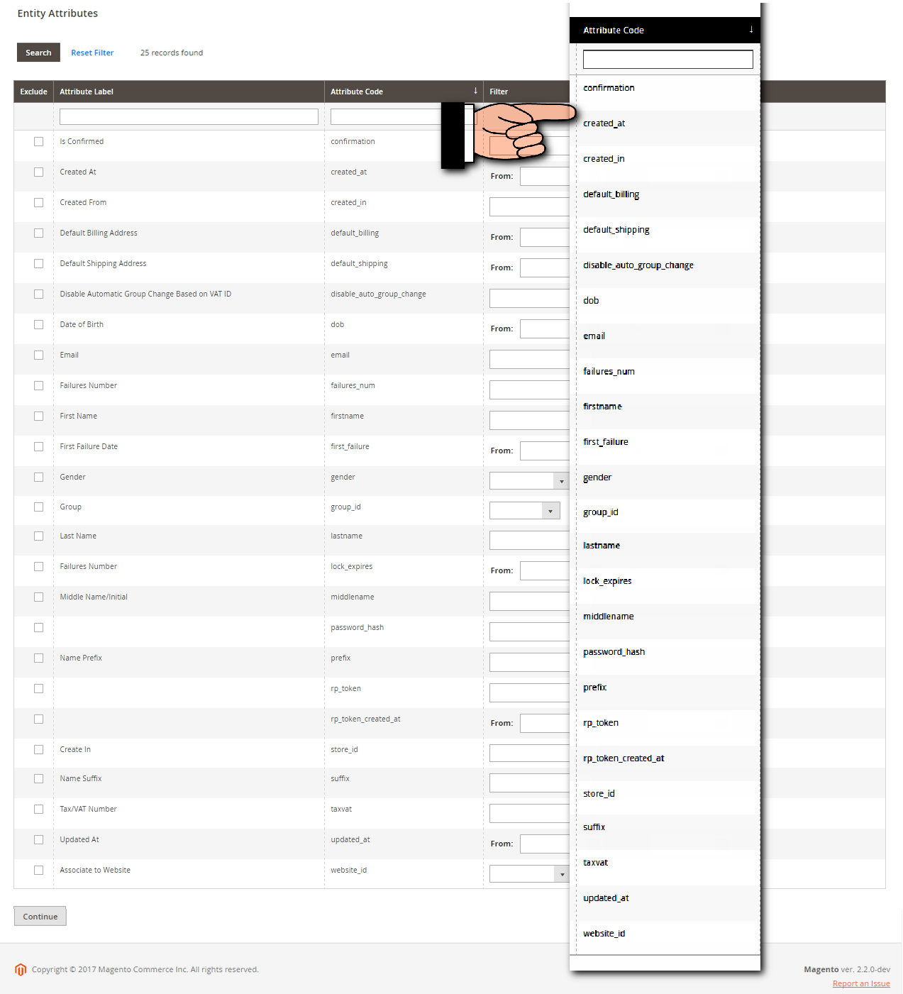 Attribute Code column