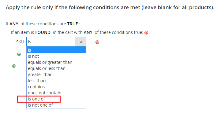 “SKU is …” – click “is” – change this to “is one of”